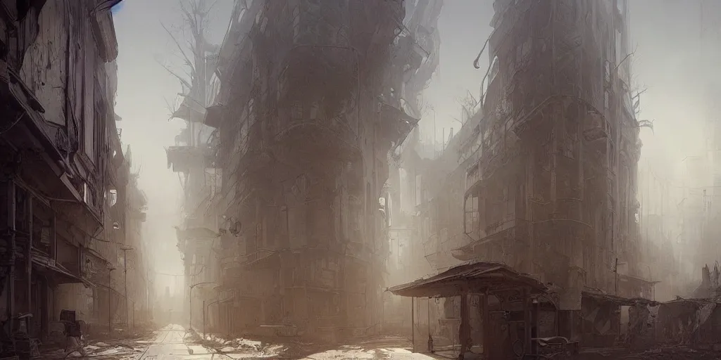 Prompt: A deserted street in a deserted decayed modern town, fog, dark fantasy, dystopia, intricate, highly detailed, digital painting, artstation, concept art, sharp focus, illustration, art by greg rutkowski and alphonse mucha