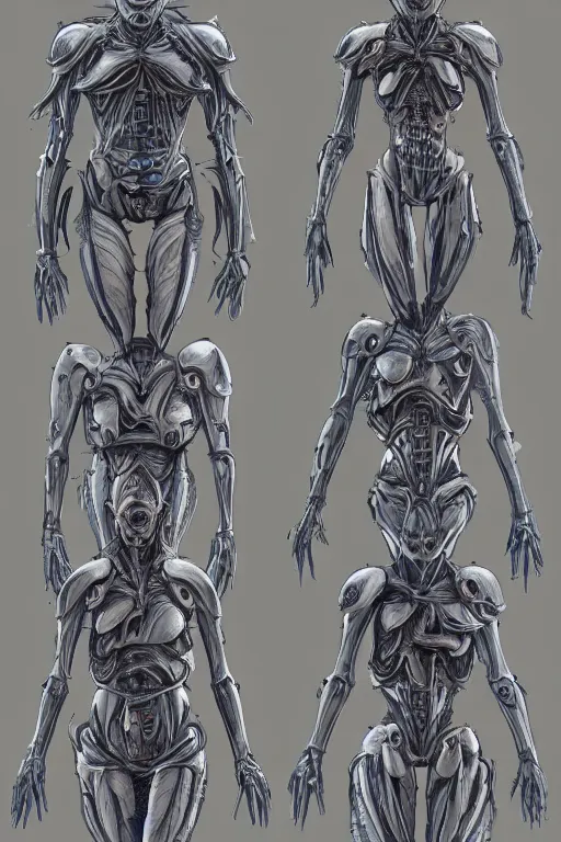 Image similar to quintessa transfomers with gunmetal grey skin, medical anatomy, very symmetrical face, highly detailed, mecha, three - perspective / three - view reference sheet ( front / back / side ), in the style of dan ouellette, hr giger, sil from species, dren from splice, biomechanical, artstation, unreal engine
