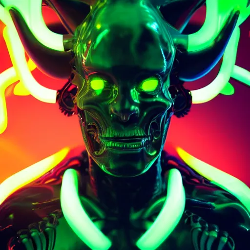 Image similar to synthwave demonic alien face with neon horns, detailed face, sharp focus, synthwave art, aesthetic, octane render, raw, cinematic