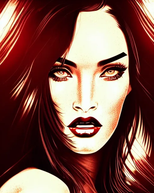 Prompt: closeup beautiful retro space megan fox varga girl, posing on a chrome space ship in diesel punk city, windblown dark hair, seductive, hyper detailed, digital art, smooth, sharp focus,