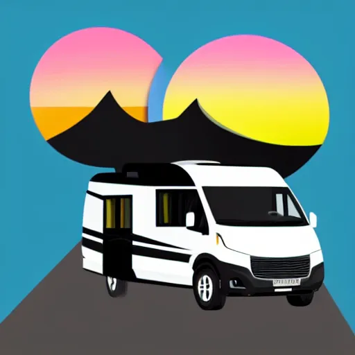 Prompt: very very very minimal vector graphic of a white and black thor chateau motorhome, color highway, mountains and sunset!!, all enclosed in a circle, white background, dramatic, professional minimal graphic design cartoon, award winning