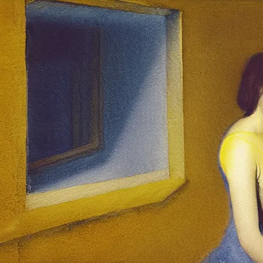 Image similar to close up of a girl in a blue and gold haunted liminal abandoned room, watercolor by gottfried helnwein, by hammershøi, art noveau, highly detailed, lights by edward hopper, liminal, eerie, bright pastel colors