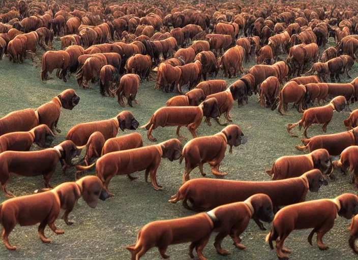 Prompt: Herd of dachshunds migrating in the Tundra, National Geographic photograph, very detailed, 8k