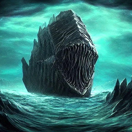 Prompt: monster looks like a ship in the deep dark sea, thalassophobia, realistic, highly detailed