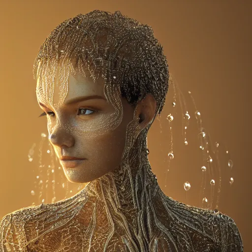 Image similar to full shot of a regal brown woman wearing an intricate and detailed armor made of dew drops. multiple layers. reflections. morning dew. textures. delicate. translucent. studio portrait. photorealistic. octane render