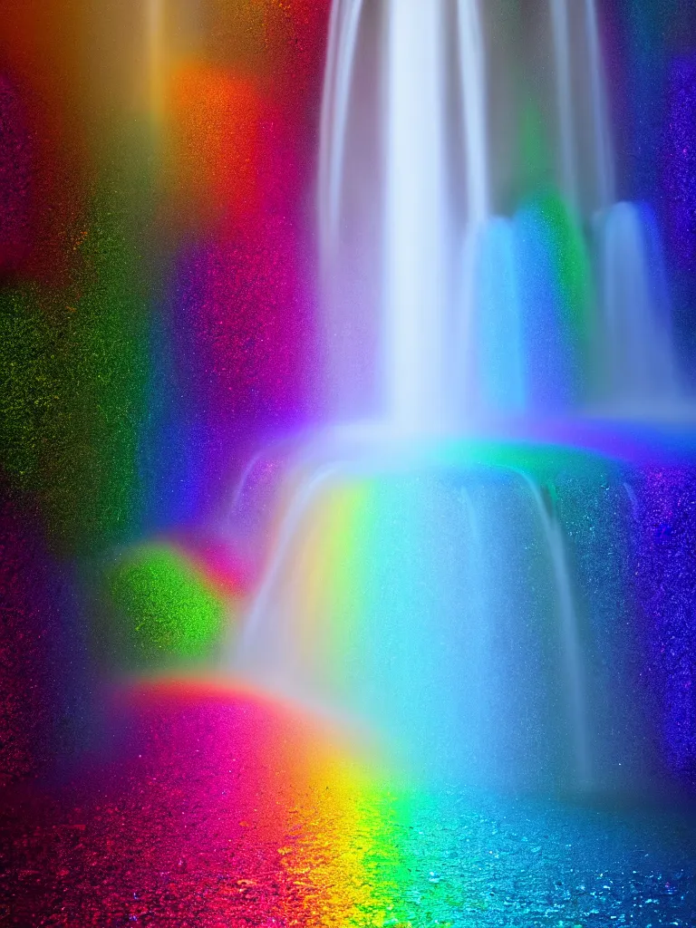 Image similar to oil on canvas waterfall and rainbow, ethereal, beautiful, detailed, amazing, glitter, 8 k render octane high definition