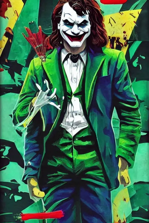Image similar to joaquin phoenix as joker, comic book cover, issues 2 0, by dc comics, justify content center, delete duplicate object content!, violet polsangi pop art, gta chinatown wars art style, bioshock infinite art style, incrinate, realistic anatomy, hyperrealistic, 2 color, white frame, content balance proportion