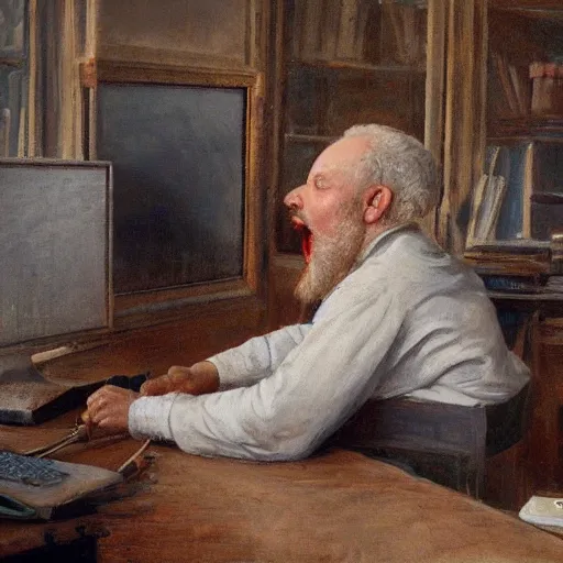 Image similar to an angry man yells at his computer monitor, oil on canvas, 1 8 8 3, highly detailed