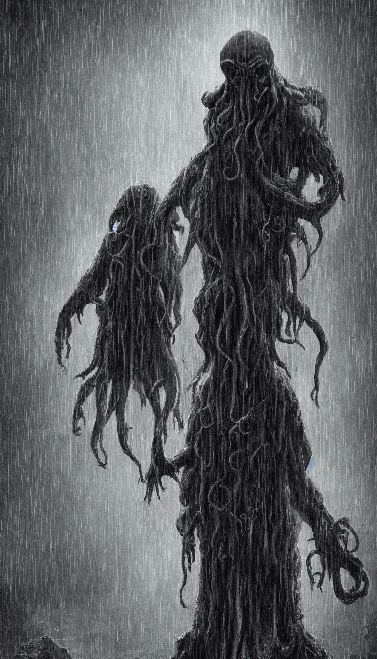 Prompt: digital artwork of Cthulhu standing in the rain solemnly, contemplating life and thereafter, by Max Hay, dark-esque, dark lighting, trending on artstation, 8k resolution, photorealistic resolution, photorealistic details, very detailed intricate details