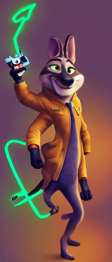 Image similar to “ animal character in the style of zootopia holding laser gun, floating alone, with a black dark background, digital art, award winning, trending on art station ”