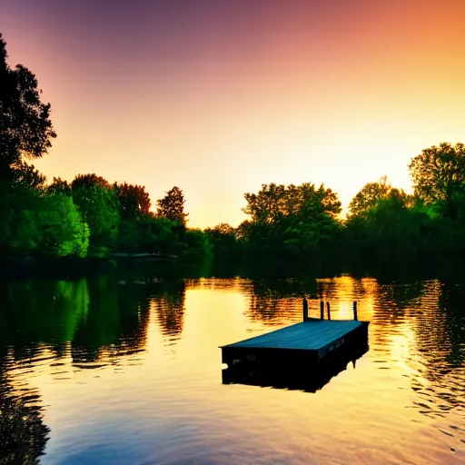 Prompt: a small dock on a quiet green lake, sunset, golden hour, beautiful lighting, peaceful, trees, high quality, high resolution