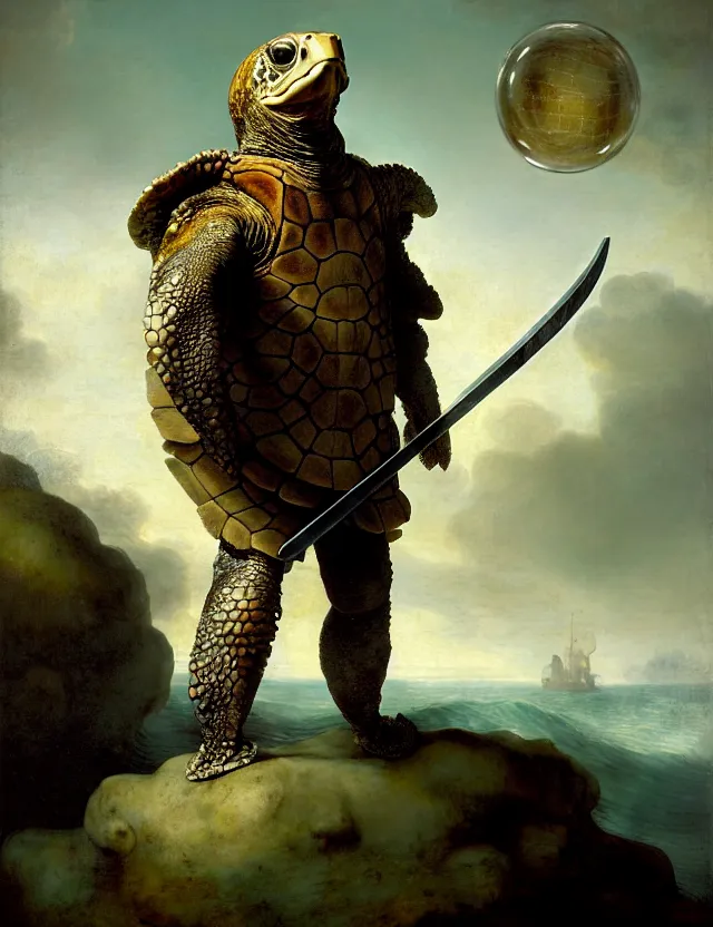 Prompt: anthropomorphic bipedal sea turtle that is wearing full iron plate armor, and holding a colossal sword in his hand, as a matte oil painting and d & d character art, by rembrandt, standing, fullbody, lots of bubbles, sea foam, saltwater, ocean, award - winning, extremely detailed, sharp focus