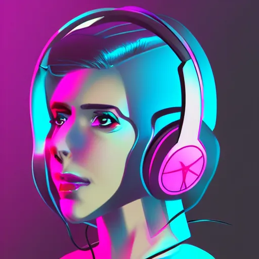 Image similar to animated synthwave girl wearing headphones, animated, trending on artstation, portrait