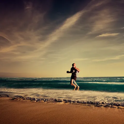 Image similar to Walter White running on the beach, artistic, 8k, cinematic, accurate, symetric, face, dramatic lighting, pastel colours