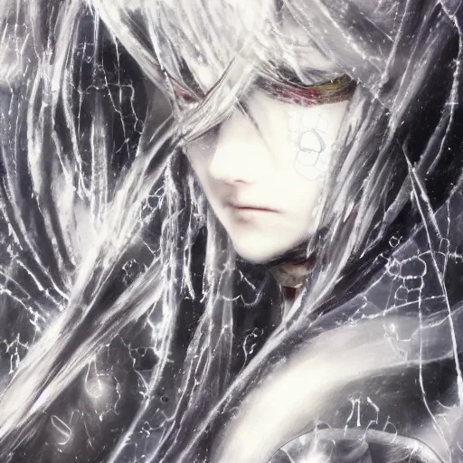 Image similar to Yoshitaka Amano blurred and dreamy illustration of an anime girl with a pirate eye patch, wavy white hair and cracks on her face wearing elden ring armour with the cape fluttering in the wind, abstract black and white patterns on the background, noisy film grain effect, highly detailed, Renaissance oil painting, weird portrait angle