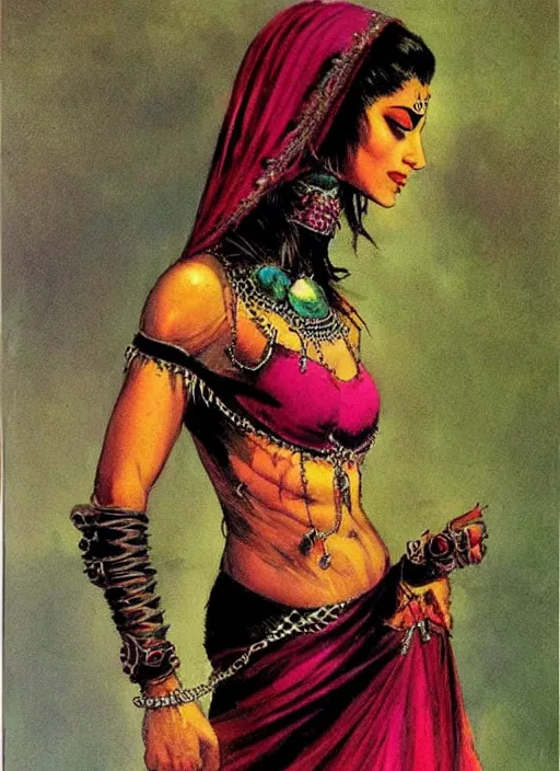 Image similar to female indian vampiress, jeweled veil, strong line, saturated color, beautiful! coherent! by frank frazetta, high contrast