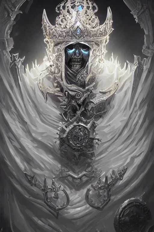 Image similar to highly detailed portrait of an elegant undead lich king, ornate crown, beautiful symmetrical face, glowing skin, digital painting, artstation, concept art, smooth, clear focus, illustration, greg rutkowski, artgerm, global lighting, detailed and fantasy