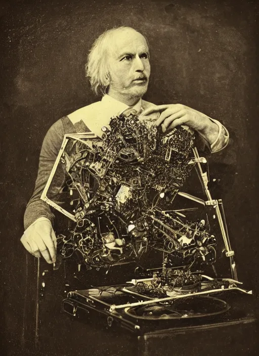 Image similar to old wetplate daguerreotype portrait of the birth of a genius musician, explosion of data fragments, fractal, intricate, elegant, highly detailed, parallax, leica, medium format, subsurface scattering, by jheronimus bosch and greg rutkowski and louis jacques mande daguerre