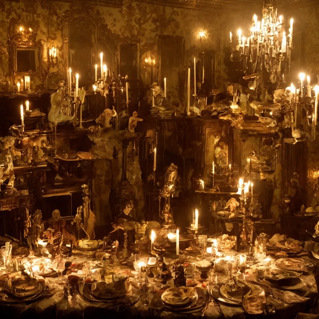 Image similar to dining room of a dark mansion, leftover food, candle lighting, realistic, highly detailed, guillermo del toro