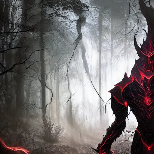 Image similar to extremely detailed artwork of an armored dark figure in a dark evil forest, glowing crimson head, crimson fire head, Sauron, Ultron, speedster, fantasy art, fog, heavy armor, knights armor, cinematic pose, 8k, villain