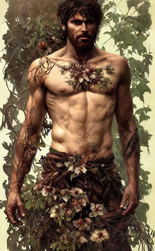 Image similar to god of the forest, 3 0 years old, rugged, handsome, male, detailed face, clean lines, atmospheric lighting, amazing, full body, thighs, flowers, muscular, intricate, highly detailed, digital painting, deviantart, concept art, sharp focus, illustration, art by greg rutkowski and alphonse mucha