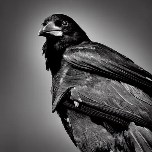 Image similar to a black and white highly detailed and realistic statue of a crow, museum lighting, award winning, masterpiece, nature photography, national geographic, construction site, black and white, high contrast, grainy