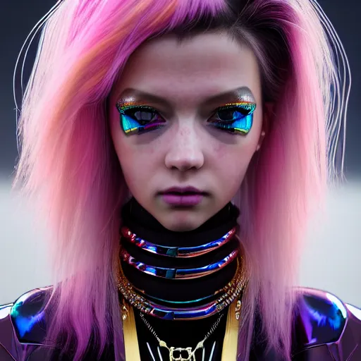 Image similar to hyperdetailed close portrait of a stunningly beautiful pink cyberpunk cute european girl with dark hair made of metals and shiny iridescent gems, dark rainbow nimbus, gold necklace, puffer jacket, inspired by ross tran and masamune shirow and kuvshinov, intricate, photorealistic, octane render, rtx, hdr, unreal engine, dnd digital art by artgerm