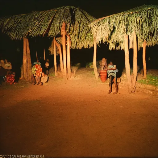 Prompt: photo african village at night, flash photography, cinestill, 800t, 35mm, full-HD