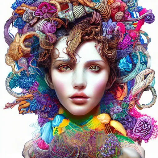 Image similar to the portrait of a ridiculously beautiful and elegant woman partially made of onion rings of all colors, an ultrafine detailed illustration by james jean, final fantasy, intricate linework, bright colors, behance contest winner, vanitas, angular, altermodern, unreal engine 5 highly rendered, global illumination, radiant light, detailed and intricate environment