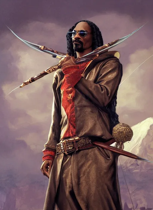 Image similar to snoop dogg as an archer, short beard, grumpy, Ivan Aivakovsky, Boris Vallejo, epic fantasy character art, D&D Concept Art, full length, Realistic, Regal, Refined, Detailed Digital Art, Oil Paining, Exquisite detail, post-processing, masterpiece, Cinematic Lighting, Unreal Engine, 8k, HD, Stanley Artgerm Lau, WLOP, Rossdraws, Frank Frazetta, Andrei Riabovitchev, Marc Simonetti, trending on artstation,