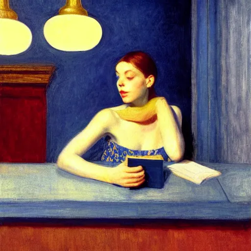 Prompt: of a girl in a blue and gold library, film still by edward hopper, by gottfried helnwein, by klimt, art noveau, highly detailed, strong lights, liminal, eerie, bright pastel colors,