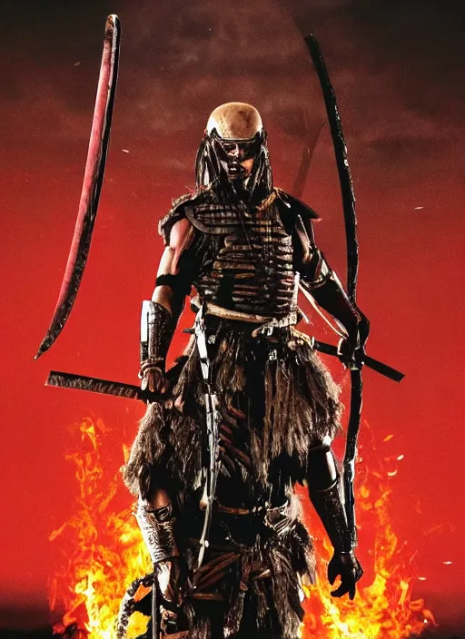 Image similar to movie poster for predator film shot in feudal japan staring hiroyuki sanada as a disgraced ronin, who hunts down the predator after he fails to protect his master from it