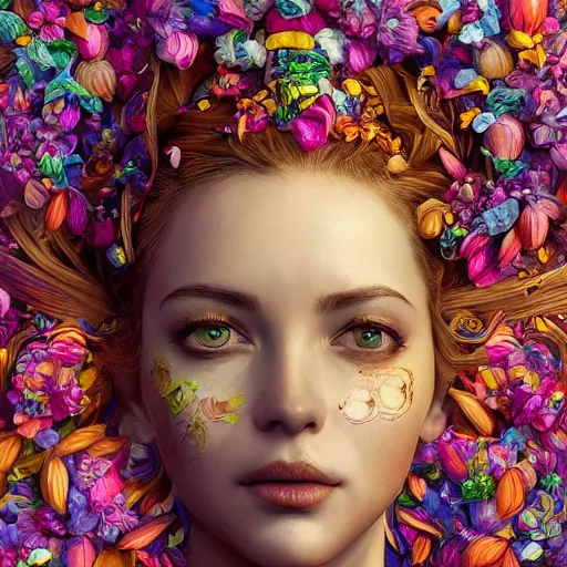 Image similar to the portrait of an absurdly beautiful, graceful, elegant innocent woman made of bananas and petals looking up, an ultrafine detailed illustration by kim jung gi, irakli nadar, intricate linework, bright colors, octopath traveler, final fantasy, angular, unreal engine 5 highly rendered, global illumination, radiant light, detailed and intricate environment