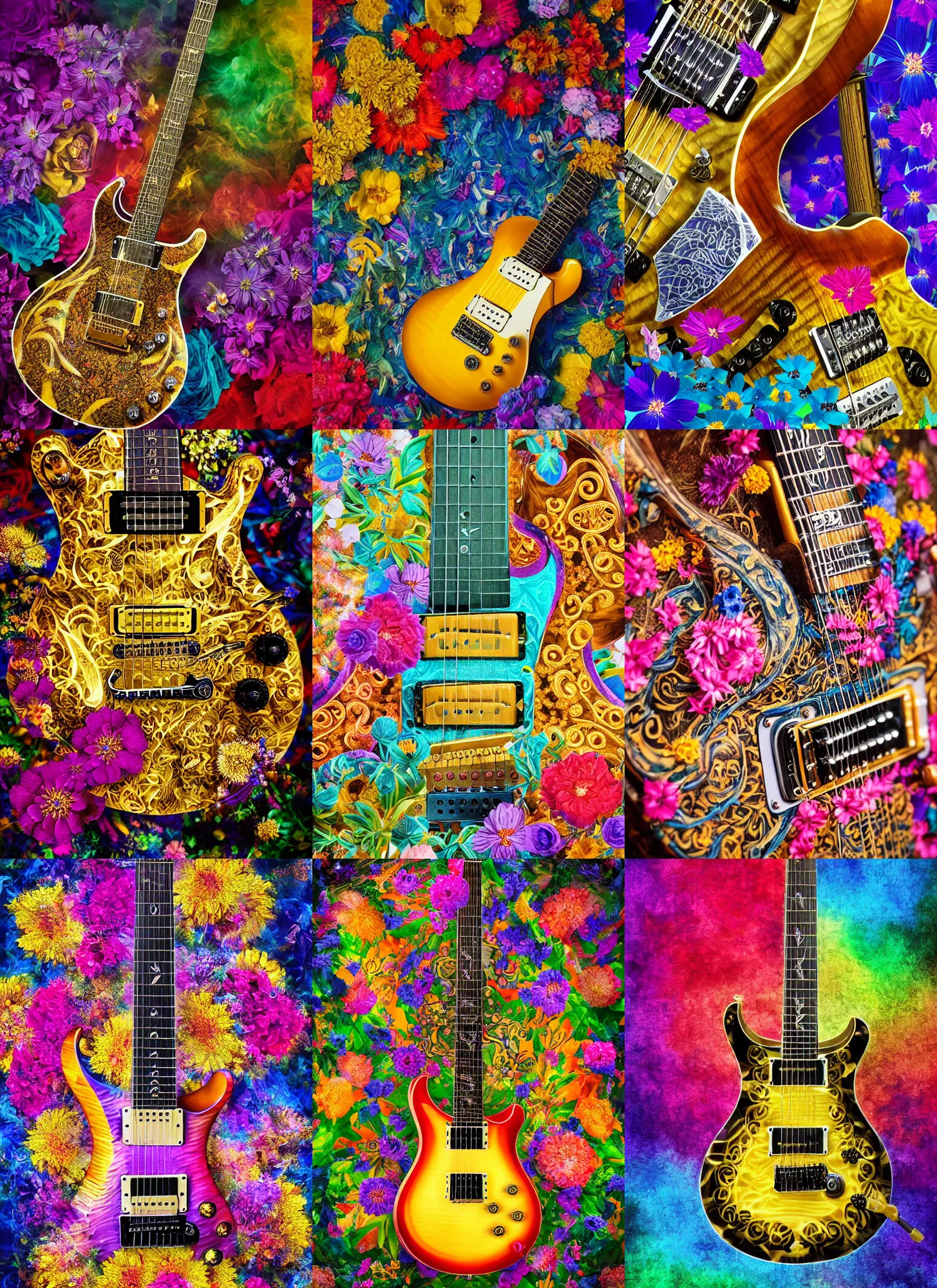 Prompt: high intricate detailed photo of a prs electric guitar covered in colorful flowers and smoke, golden ratio, rule of thirds, majestic, elegant, by lea leonowicz, by maks trofimov, by jenny brozek, by johannes wessmark