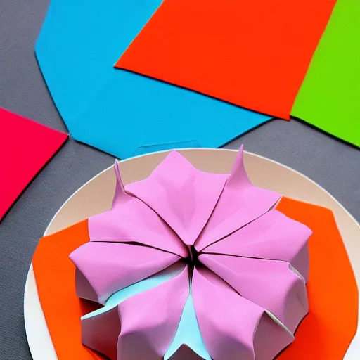 Prompt: minimalist origami cake colorful by amaury guichon