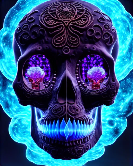 Image similar to 3 d ornate carved dark cosmic skull with profile portrait, sigma 5 0 0 mm f / 5. beautiful intricate highly detailed aquarium bioluminescent, plasma, lava, ice, water, wind, creature, thunderstorm! artwork by tooth wu and wlop and beeple and greg rutkowski, 8 k trending on artstation