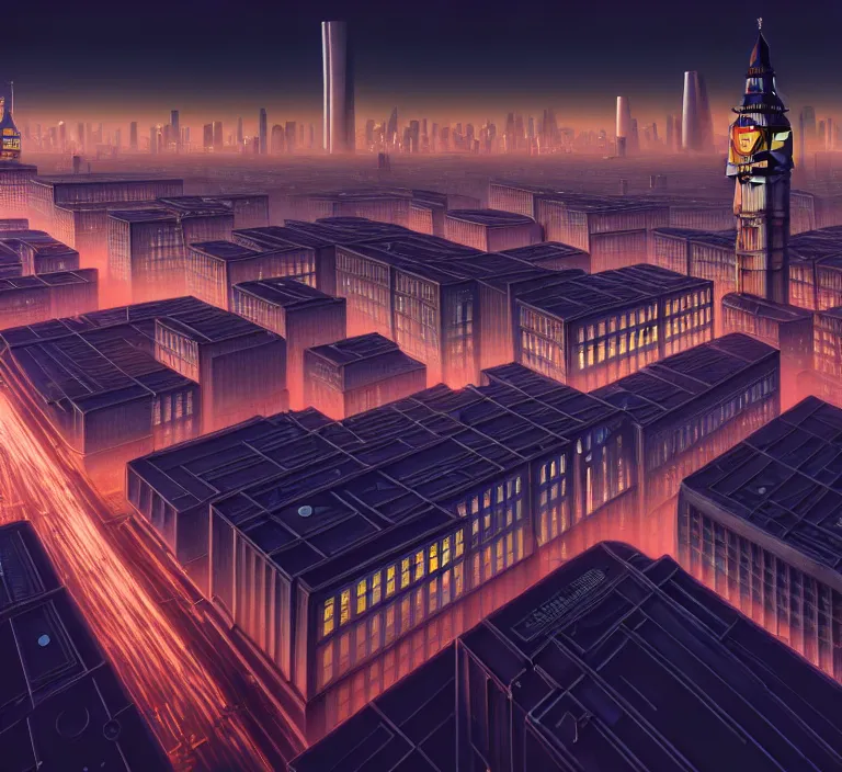 Prompt: hyperrealism photography hyperrealism concept art of highly detailed london at night highly detailed futuristic ( cyberpunk ) city by wes anderson and hasui kawase and scott listfield sci - fi style hyperrealism rendered in blender and octane render volumetric natural light