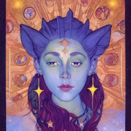 Image similar to queen of the moon with stars in her hair, by nicholas roerich and annie swynnerton and donato giancola and dulac, dramatic lighting, god rays, geometric tattoos, rich colors, smooth sharp focus, extremely detailed, leo and diane dillon, adolf wolfli