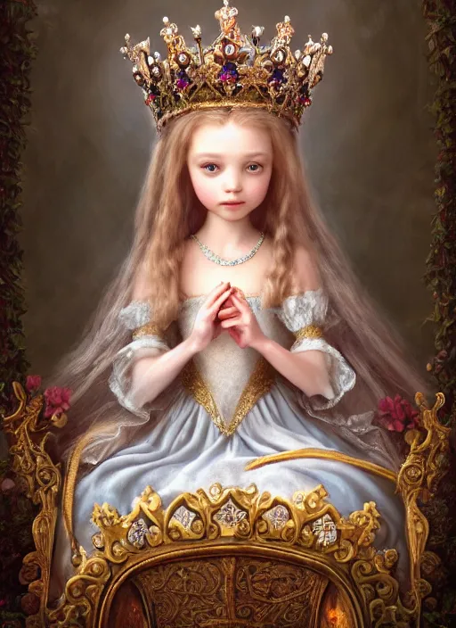 Image similar to highly detailed closeup portrait of a fairytale medieval princess wearing a crown and sitting on a throne, surrounded by cute bunnies, unreal engine, nicoletta ceccoli, mark ryden, earl norem, lostfish, global illumination, god rays, detailed and intricate environment