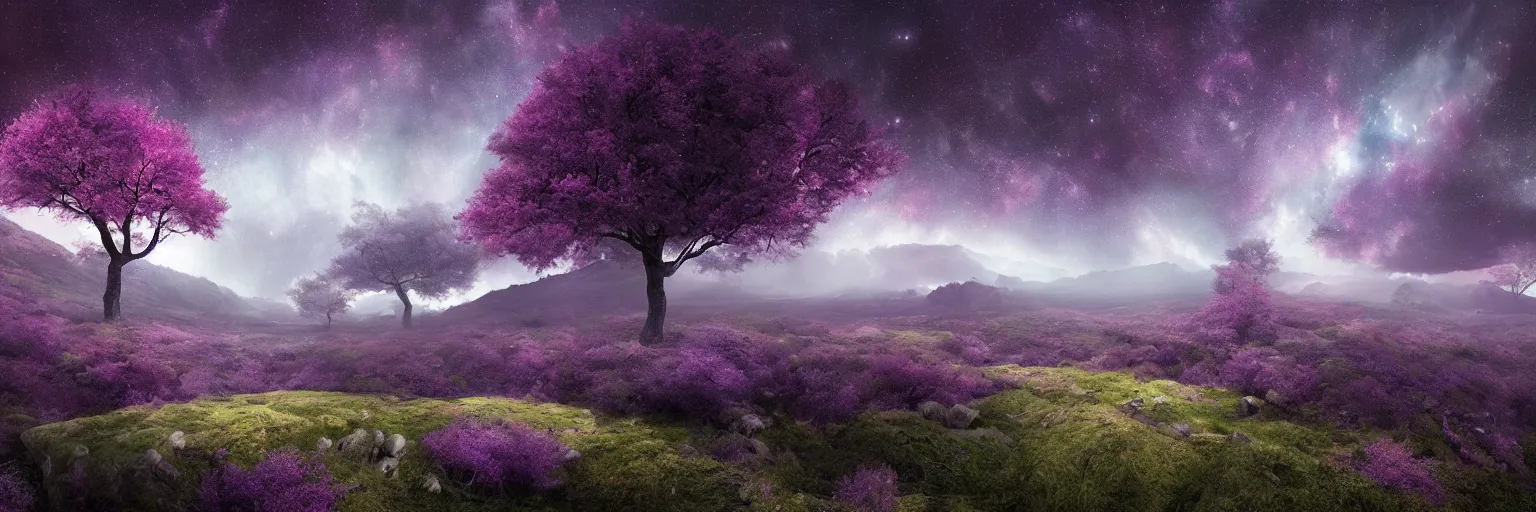 Prompt: michal karcz photo of a beautiful galaxy landscape. , purple trees, detailed, elegant, intricate, 4k,