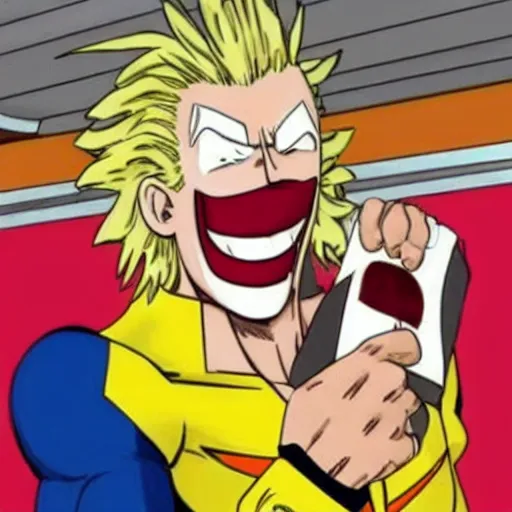 Prompt: all might eating mcdonalds