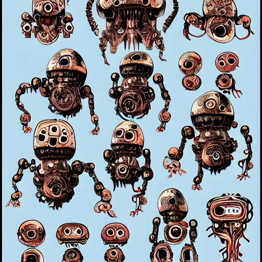 Image similar to official character sheets for an old dumbo squid biomech, digital 2 d screen smiley robot face, mechanical heart in center, covered in coral and barnacles, worn stickers, scratches, damage, art by tim schafer black velvetopia art for psychonauts from double fine studios, art by splatoon from nintendo, black light rave, adult character, apocalypse