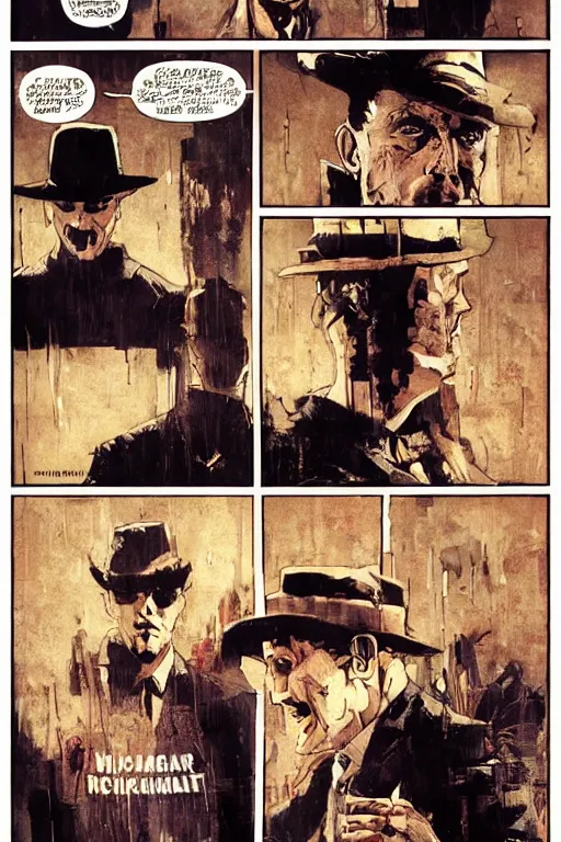 Image similar to Rorschach and The Comedian aka Edward Morgan Blake from the movie Watchmen painted by Dave Gibbons, Greg Rutkowski and Norman Rockwell, Sadamoto Yoshiyuki, Yoki Shinkawa, high detailed perfect faces, trending on Artstation, page scan from book, watchmen comics color scheme, noisy film grain effect, super wide shot, 30mm, intricate, fine details, trending on artstation