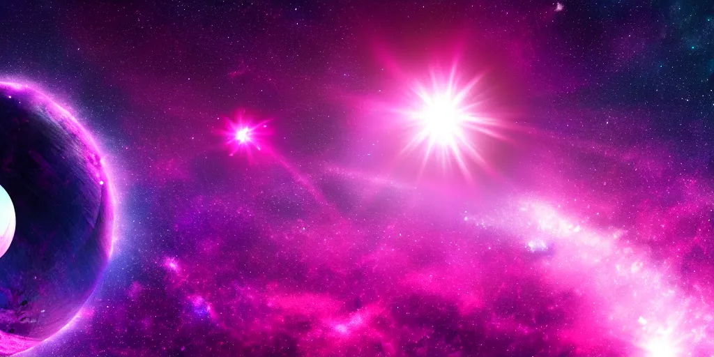 Image similar to magenta crystal planet with falling spaceship above, 🌌, sparkling stars, kaleidoscopic, 8k, high detail, wide shot