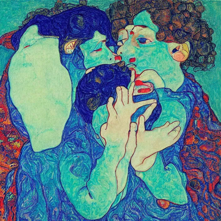 Image similar to close portrait of woman and man kissing. aurora borealis. iridescent, psychedelic lapis - lazuli, turquoise colors. painting by egon schiele, agnes pelton, utamaro, monet