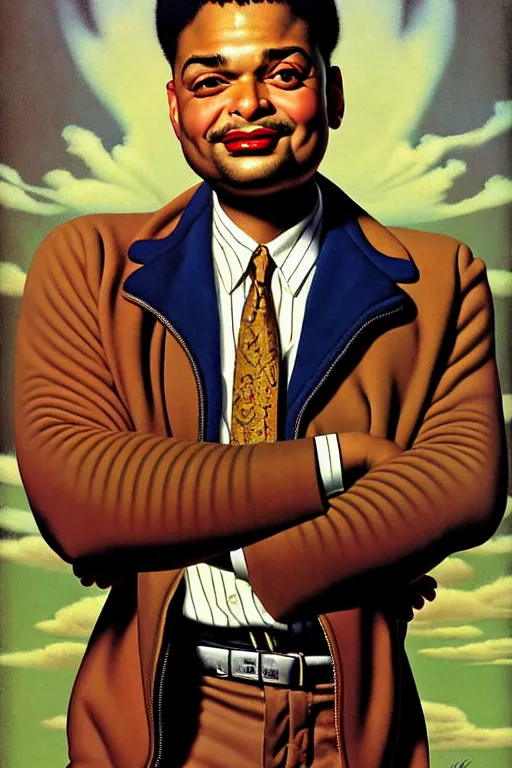 Image similar to bilal oliver nelson portrait by gil elvgren and norman rockwell and rob gonsalves and hajime sorayama, hyperrealistic, high detail, ultra detailed, highly detailed face, ruffled fabric