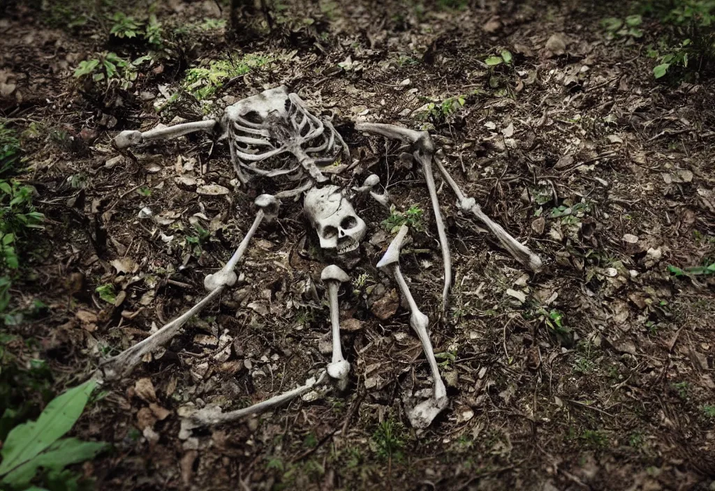 Prompt: close up of a decaying skeleton protruding barely from the dirt in a dense forrest, rain, realism, close up, unreal engine 5.