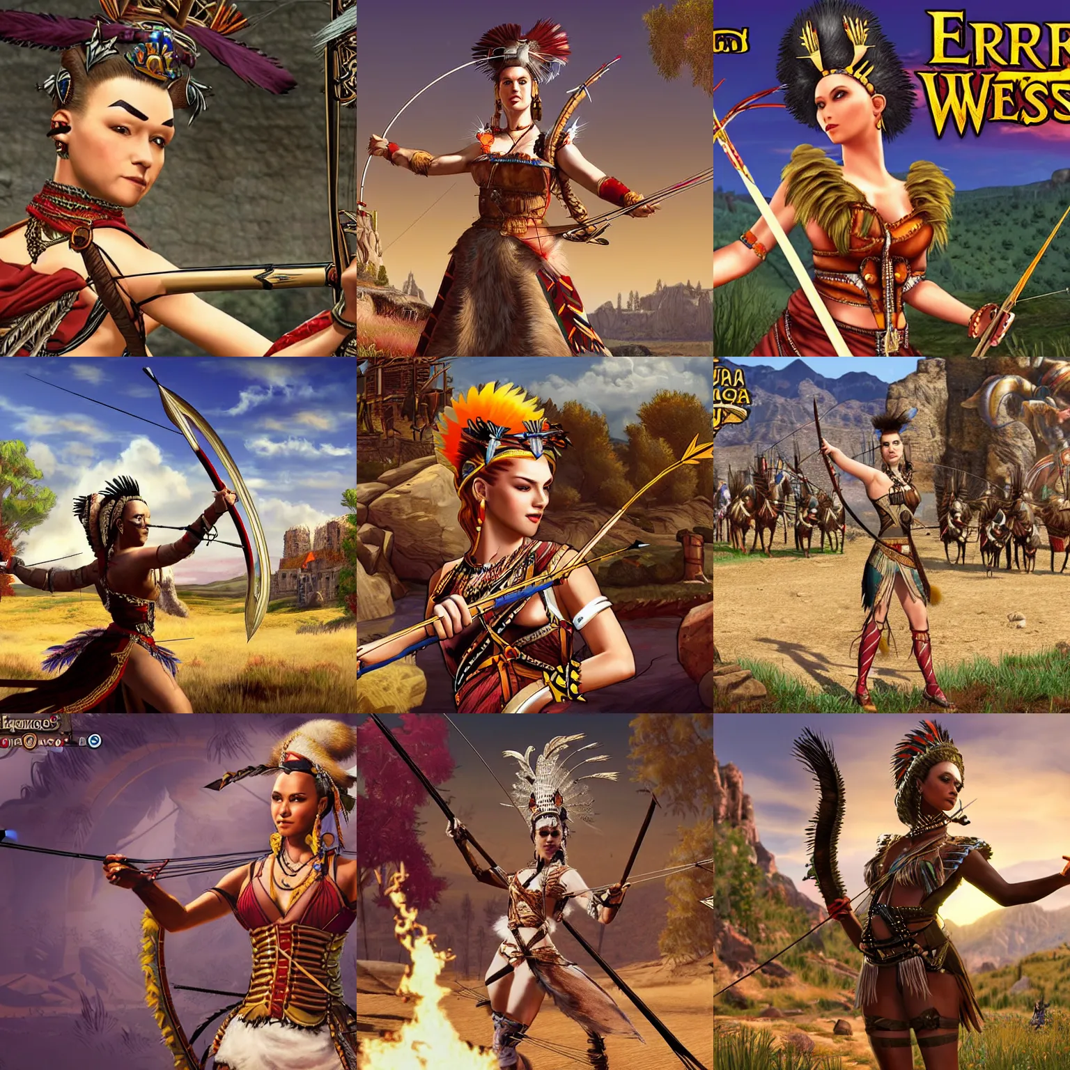 Prompt: A Mohawk Queen strides through the Wild West, holding a bow and arrow, loading screen artwork for the game 'Europa Universalis 4'