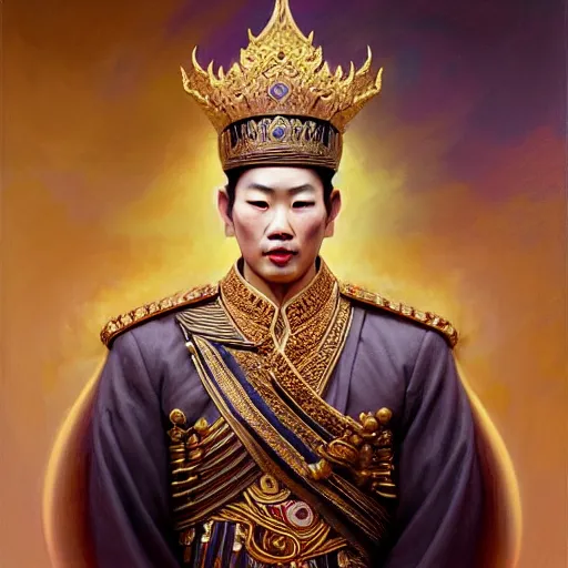 Image similar to dark tall and handsome korean male dressed as king ramkhamhaeng of sukhothai, intricate, highly detailed, centered, digital painting, artstation, concept art, smooth, sharp focus, illustration, artgerm, tomasz alen kopera, peter mohrbacher, donato giancola, joseph christian leyendecker, wlop, boris vallejo