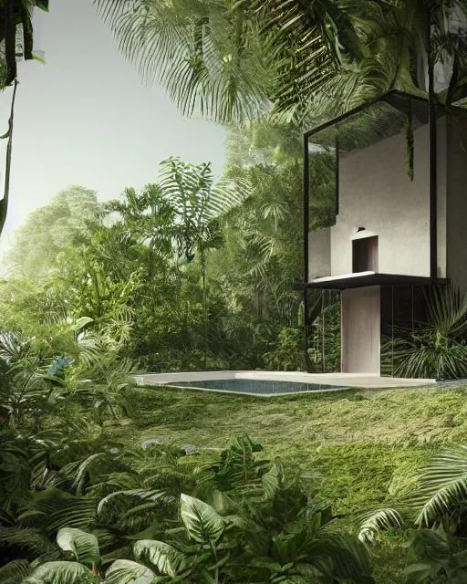 Image similar to a beautiful 3d renderings of a little house in the jungle, architecture by SOM Architect. Architectural photography, 14mm, cinematic photography, high resolution 4k, cg architects, vray